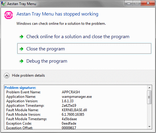 Exception in module wampmanager.exe at 000F15A0