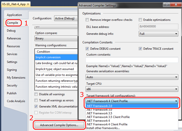 Convert .NET Framework 4.0 to 3.0 or 2.0 of a project/solution