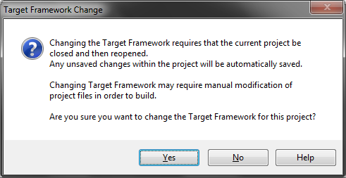 Confirm Target Framework Change dialog box