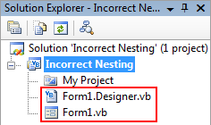 Incorrect Nesting of .Designer.vb and .vb files in Solution Explorer in Visual Studio